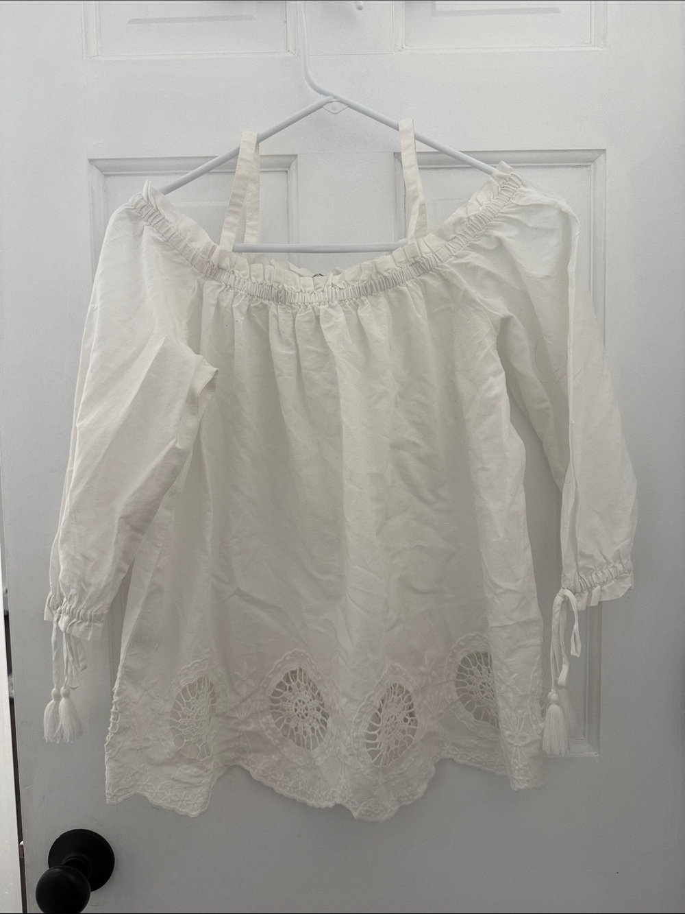 LOFT White Off-Shoulder Crochet-Hem Peasant Top